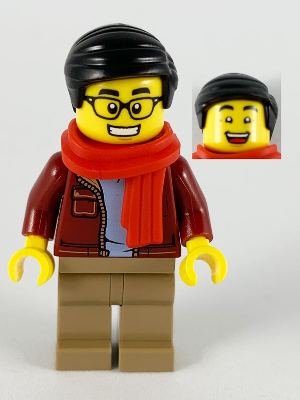 Man, Dark Red Jacket with Bright Light Blue Shirt, Dark Tan Legs, Red Scarf, Black Smooth Hair, Glasses (hol187)