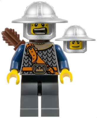 Fantasy Era - Crown Knight Scale Mail with Chest Strap, Helmet with Broad Brim, Dual Sided Head, Dark Bluish Gray Legs, Quiver (cas344)