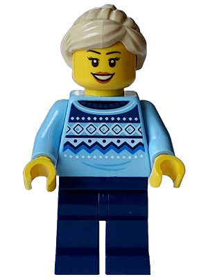 Winter Market Stall Vendor - Female, Bright Light Blue Knit Fair Isle Sweater, Dark Blue Legs, Tan Ponytail (hol331)