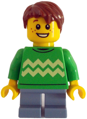 Child - Boy, Bright Green Sweater with Bright Light Yellow Zigzag Lines, Sand Blue Short Legs, Reddish Brown Hair (cty1786)
