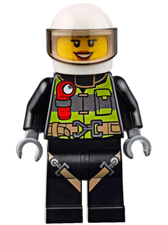 Fire - Reflective Stripes with Utility Belt and Flashlight, White Helmet, Trans-Brown Visor, Dark Orange Lips Open Mouth Smile (cty0651)