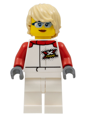 Race Boat Truck Driver - Female, White and Red Racing Suit with 'XTREME' Logo, White Legs, Tan Tousled Hair, Safety Glasses (cty1111)