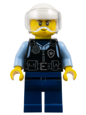 Police - City Officer Male, Black Safety Vest with Silver Star Badge Logo, Dark Blue Legs, White Helmet, Trans-Clear Visor, Lopsided Grin (cty1886)