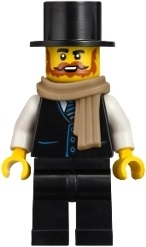 Vampire Castle Visitor - Male, Black Vest with Blue Striped Tie, Black Legs, Black Top Hat, Dark Tan Scarf (bdp238)