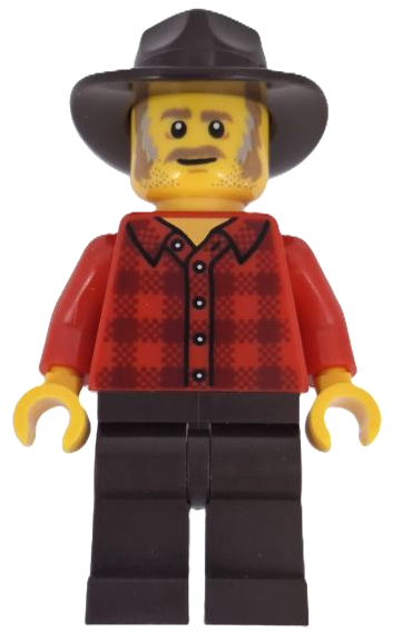 Wild West Train Stable Hand - Male, Red Plaid Flannel Shirt, Dark Brown Legs and Fedora (bdp195)