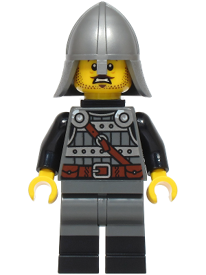 Knight - Male, Dark Bluish Gray and Silver Armor, Black Boots, Flat Silver Helmet with Neck Protector, Neck Bracket with Clip (bdp222)