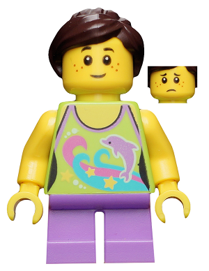 Girl, Dolphin Top, Short Medium Lavender Legs, Dark Brown Ponytail and Swept Sideways Fringe (twn265)