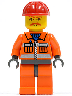 Construction Worker - Orange Zipper, Safety Stripes, Orange Arms, Orange Legs, Dark Bluish Gray Hips, Red Construction Helmet, Brown Moustache (cty0124)