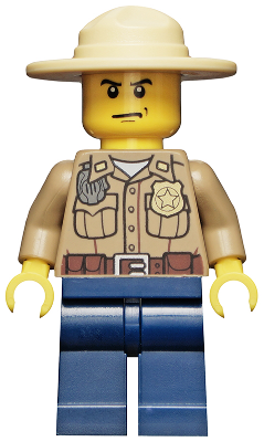 Forest Police - Dark Tan Shirt with Pockets, Radio and Gold Badge, Dark Blue Legs, Campaign Hat, Angry Eyebrows and Scowl, White Pupils (cty0273)