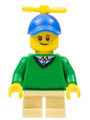Boy - Freckles, Green Sweater, Tan Short Legs, Blue Cap with Tiny Yellow Propeller (hol163)