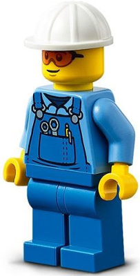Roadwork Truck Driver - Male, Blue Overalls over Medium Blue Shirt, Blue Legs, White Construction Helmet, Safety Glasses, Back Print (cty1274)