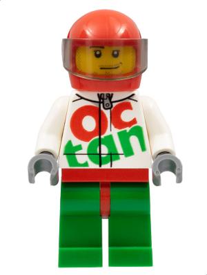 Race Car Driver, White Octan Racing Suit with Silver Zipper, Red Helmet with Trans-Brown Visor, Crooked Smile, Stubble Beard (rac059)