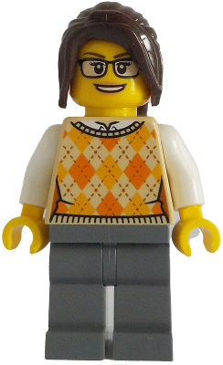 Ticket Vendor - Female, Tan Knit Argyle Sweater Vest, Dark Bluish Gray Legs, Dark Brown Hair Ponytail Long with Side Bangs, Glasses (bdp129)
