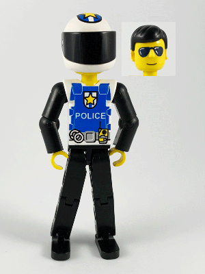 Technic Figure Black Legs, White Top with Police Logo, Black Arms, White Helmet, Black Visor (tech019a)