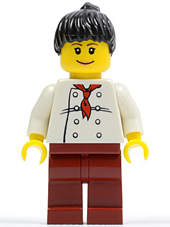 Chef - White Torso with 8 Buttons, Dark Red Legs, Black Ponytail Hair (twn066)