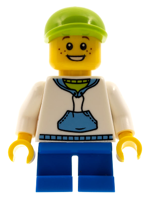 Child - Boy, White Hoodie with Medium Blue Pocket, Blue Short Legs, Lime Cap, Freckles (cty0396)