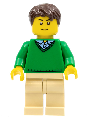 Green V-Neck Sweater, Tan Legs, Dark Brown Short Tousled Hair, Thin Grin (cty0547)