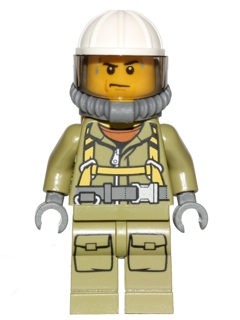 Volcano Explorer - Male Worker, Suit with Harness, Construction Helmet, Breathing Neck Gear with Yellow Air Tanks, Trans-Brown Visor, Sweat Drops (cty0682)