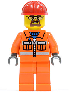 Construction Worker - Orange Zipper, Safety Stripes, Orange Arms, Orange Legs, Red Construction Helmet, Beard and Safety Goggles (cty0483)