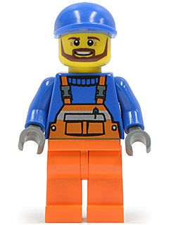 Overalls with Safety Stripe Orange, Orange Legs, Blue Short Bill Cap, Brown Beard (Tow Truck Driver) (cty0459)