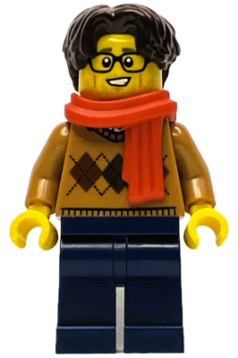 Wintertime Carriage Passenger - Male, Medium Nougat Argyle Sweater, Dark Blue Legs, Dark Brown Hair, Glasses, Red Scarf (hol334)