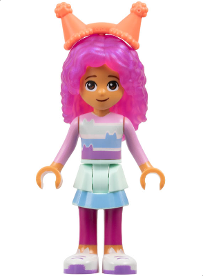 Gabby - Striped Shirt, Layered Skirt over Magenta Leggings, Satin Trans-Dark Pink Hair, Coral Party Hats (gdh008)