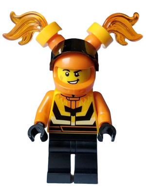 Stuntz Driver - Male, Bright Light Orange and Black Jacket, Black Legs, Orange Helmet with Flames and Black Visor (cty1590)