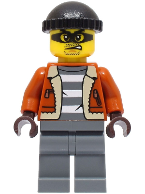 Police - City Bandit Crook Male, Dark Orange Jacket, Dark Bluish Gray Legs, Black Knit Cap (cty1566)