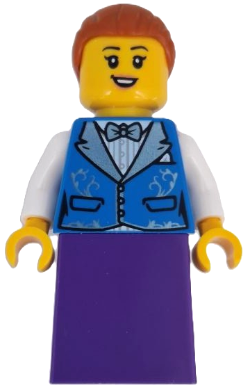 Wild West Train Passenger - Female, Blue Vest, Dark Purple Skirt, Dark Orange Hair with Bun (bdp197)