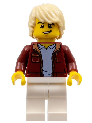 Man, Dark Red Jacket with Bright Light Blue Shirt, White Legs, Tan Tousled Hair, Lopsided Grin (Car Driver) (cty1236)