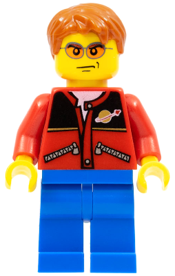 Red Jacket with Zipper Pockets and Classic Space Logo, Blue Legs, Dark Orange Short Tousled Hair, Orange Sunglasses (cty0308)