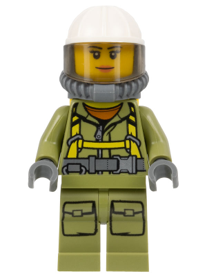 Volcano Explorer - Female Worker, Suit with Harness, Construction Helmet, Breathing Neck Gear with Air Tanks, Trans-Brown Visor (cty0681)