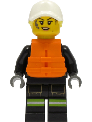 Fire - Female, Black Jacket and Legs with Reflective Stripes and Red Collar, White Cap with Bright Light Yellow Ponytail Hair, Orange Life Jacket, Dark Bluish Gray Splotches (cty1309)