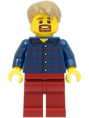 LEGOLAND Park Male, Dark Blue Plaid Button Shirt with Narrow Neck, Dark Tan Short Tousled Hair, Goatee (LLP003)