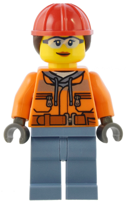 Construction Worker - Female, Orange Safety Jacket, Reflective Stripe, Sand Blue Hoodie, Sand Blue Legs, Red Construction Helmet with Dark Brown Ponytail Hair (cty1554)