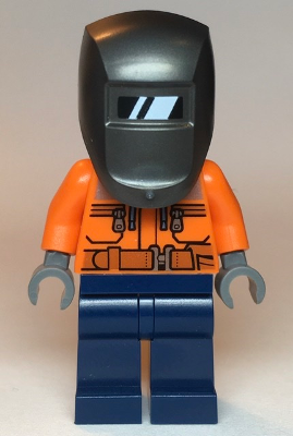 Welder - Male, Orange Safety Jacket, Reflective Stripe, Sand Blue Hoodie, Dark Blue Legs, Black Helmet, Pearl Dark Gray Welding Visor (cty1115)