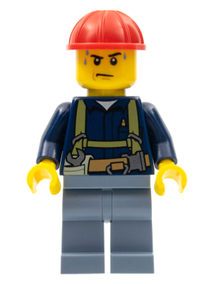 Construction Worker - Shirt with Harness and Wrench, Sand Blue Legs, Red Construction Helmet, Sweat Drops (cty0530)