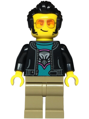 Sports Car Driver - Male, Black Jacket over Dark Turquoise Shirt with Hawk Head Logo, Dark Tan Legs, Black Hair, Sunglasses (cty1814)