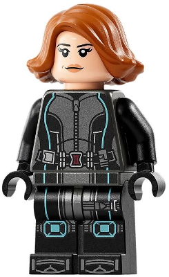 Black Widow - Black Jumpsuit, Dark Orange Short Hair, Printed Legs, Metallic Light Blue Trim (sh0881)