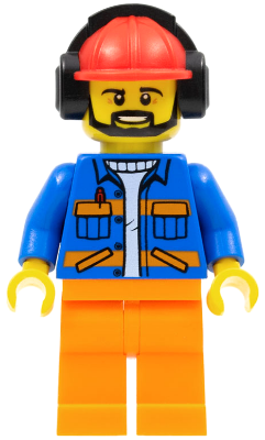 Airport Flagger - Male, Blue Jacket with Diagonal Lower Pockets and Orange Stripes, Orange Legs, Red Construction Helmet with Black Ear Protectors / Headphones (cty0949)
