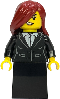 Gold Mine Bandit - Female, Black Suit Jacket with White Button Up Shirt, Black Lower Body Skirt, Dark Red Side Swept Hair (bdp302)