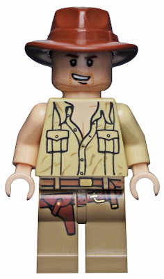 Indiana Jones - Tan Open Collar Shirt, Reddish Brown Fedora, Open Mouth Lopsided Grin (iaj033)