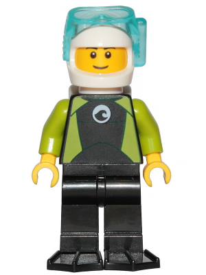 Diver - Male, Black Wetsuit with White Logo and Lime Trim and Flippers, White Helmet and Air Tanks (cty1191)