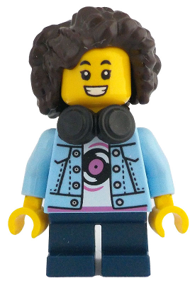 Child - Girl, Bright Light Blue Denim Jacket over Shirt with Record, Dark Blue Short Legs, Dark Brown Short Hair with Curls and Corn Rows, Black Headphones (idea204)