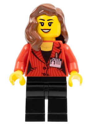 Camerawoman - Red Suit Jacket with Press Pass, Black Legs, Reddish Brown Female Hair over Shoulder, Open Mouth Smile with Dark Orange Lips (sc011)