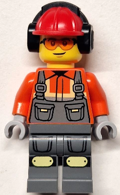 Construction Worker - Male, Dark Bluish Gray Overalls over Reddish Orange Safety Jacket with Reflective Stripes, Dark Bluish Gray Legs with Knee Pads, Red Construction Helmet with Black Ear Protectors (cty1819)