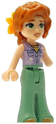Friends Autumn - Lavender Sleeveless Jacket with Flowers, Sand Green Trousers Bell-Bottoms, Medium Nougat Shoes, Dark Orange Hair Wavy, Bright Light Orange Flower (frnd0777)