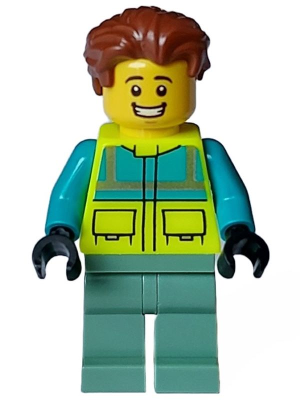 Paramedic - Male, Dark Turquoise and Neon Yellow Safety Vest, Sand Green Legs, Reddish Brown Hair, Open Mouth Smile (cty1572)