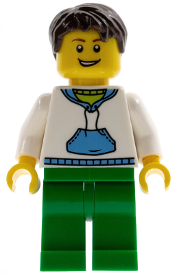 White Hoodie with Medium Blue Pocket, Green Legs, Dark Brown Short Tousled Hair (twn096)
