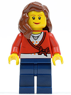 Sweater Cropped with Bow, Heart Necklace, Dark Blue Legs, Reddish Brown Female Hair over Shoulder (cty0143)